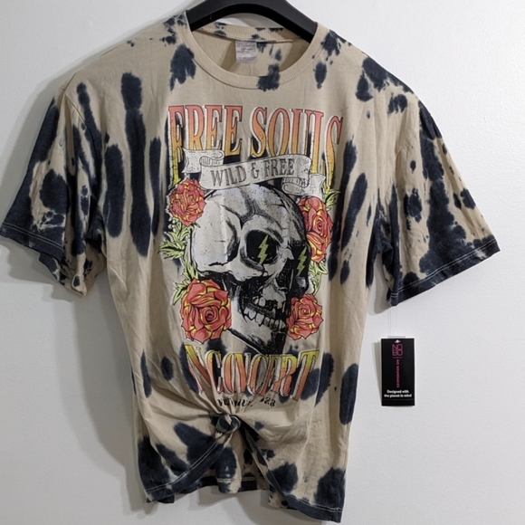 No Boundaries Tops - Women's Bleached Tie Dye Skull Wild & Free Graphic T-Shirt, Size L(11-13),NWT